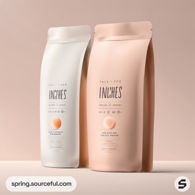 Two tall resealable pouches, one white and one peach, on a soft beige background.