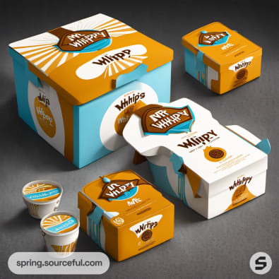 Diverse whipped product packaging, orange and blue