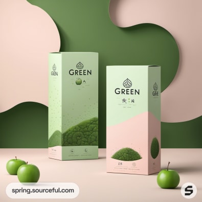 Two green-themed boxes with minimal design beside apples on a stylized backdrop.