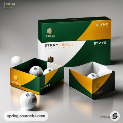 Green and gold packaging with golf balls.