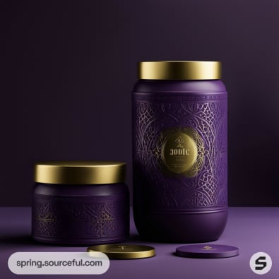 Purple jars with intricate patterns and gold lids on a dark purple background.