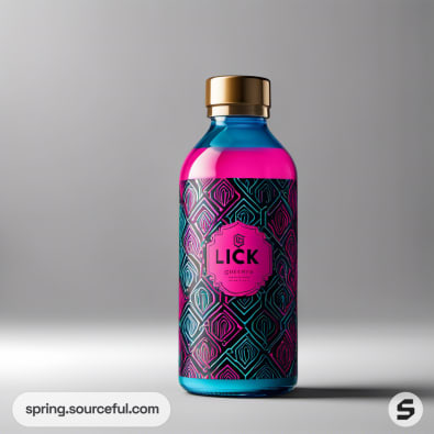 Single bottle with geometric pink and blue pattern on gray background.