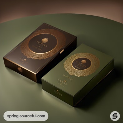 Two elegant boxes, one green and one brown, with intricate gold designs and a central emblem on a dark green background.