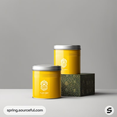 Two yellow tins on a textured block, minimal floral design.