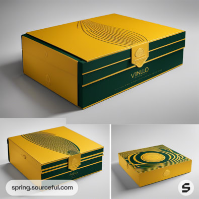 Flat yellow and green box with circular pattern and seal.