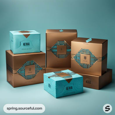 Brown and teal geometric design boxes on teal background.