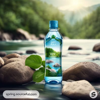 Clear water bottle by a river with rocks.