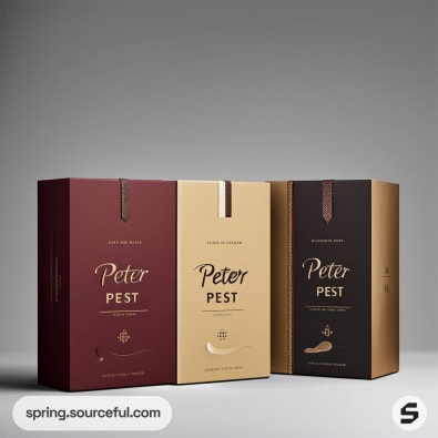 Luxury boxes in burgundy, gold, and black with 'Peter Pest' branding.