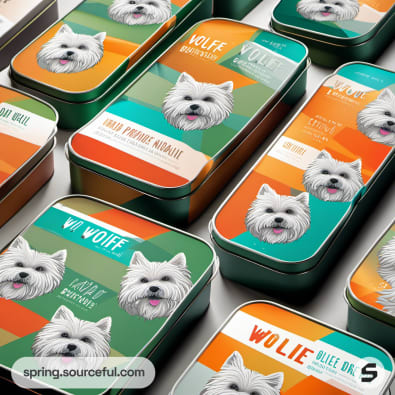 Rectangular tins with dog illustrations and vibrant colors.