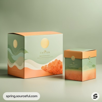 Two carton boxes with wave patterns and orange accents on a pale green background.