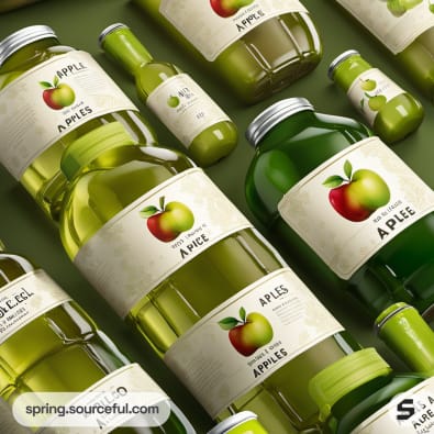 Assorted apple juice bottles with apple graphics on olive green labels.