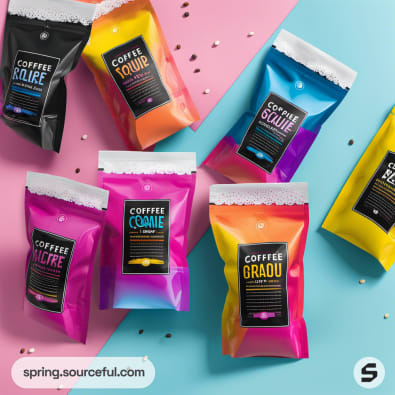 Assorted coffee pouches on a pink and blue split background.