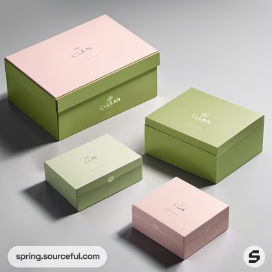 Four pastel gift boxes in pink and green on a gray surface.