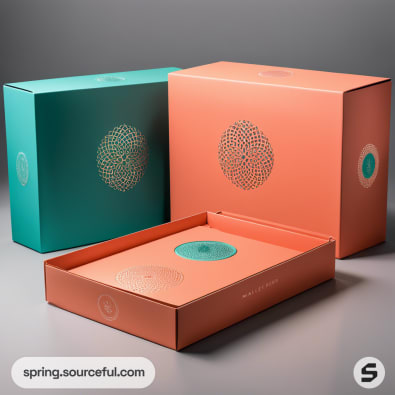 Open coral and teal boxes with elegant designs.