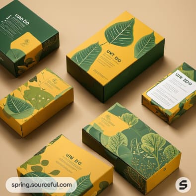 Assorted green and yellow boxes with leaf designs on beige surface.