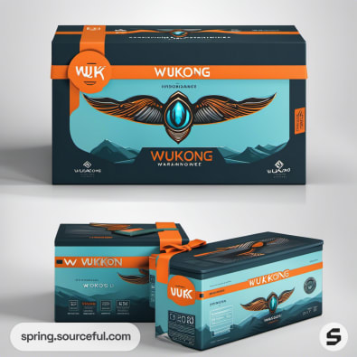 Black and teal mailer box with wing design and orange accents.