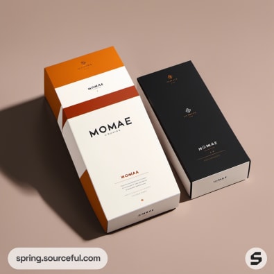 Orange and black sock packaging boxes on beige background.