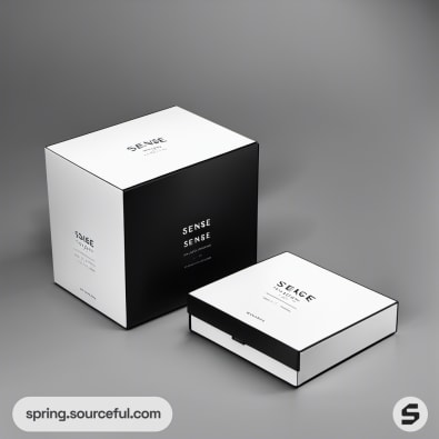 Two elegant monochrome boxes with 'Sense' label designs.