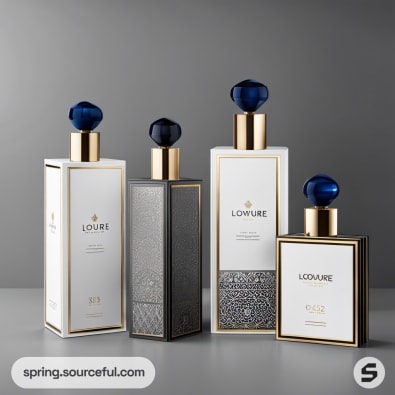 White and gold bottles with decorative caps on sleek packaging.