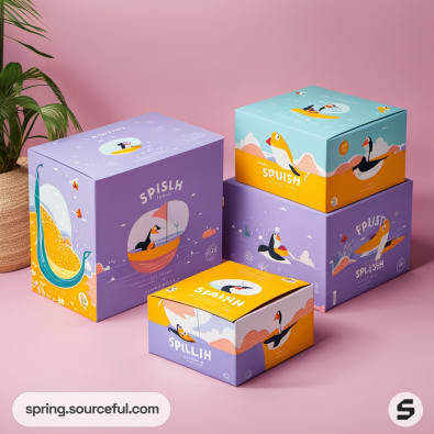 Stacked mailer boxes with playful penguin designs in purple, orange, and teal on a pink background.