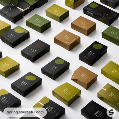 Assorted small colored boxes in green, gold, and black with minimalist designs.