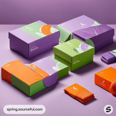 Colorful boxes with orange, purple, and green packaging.