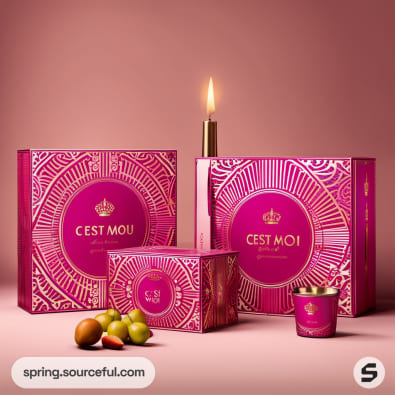 Ornate pink and gold packaging with a candle and small gold cup.