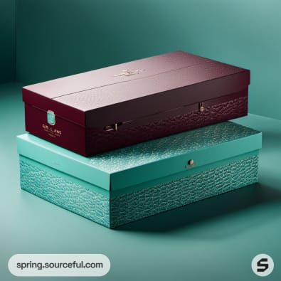 Rectangular teal and burgundy gift boxes with embossed textures.