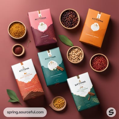 Colorful snack boxes with spices, nuts, and leaves on maroon background.