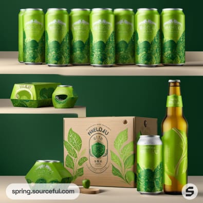 Variety of green cans and bottles with leafy designs, cardboard box.