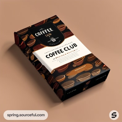 Coffee club dark box with cup pattern and text on beige background.