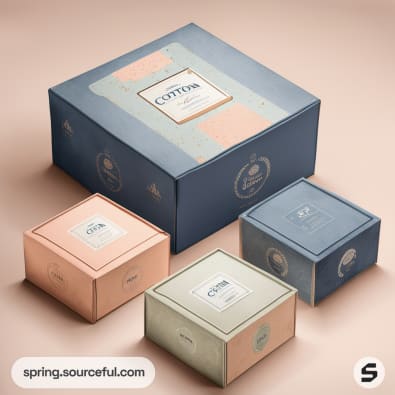 Set of three square boxes in pastel colors with elegant packaging design.