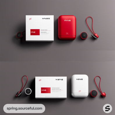 White and red earbud set with rectangular and compact packaging.