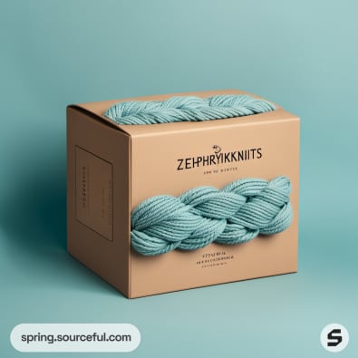 Turquoise yarn skein packaged in a brown box with a teal braid design.