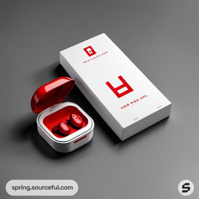 Red earbuds in a white square case next to a sleek white and red box.