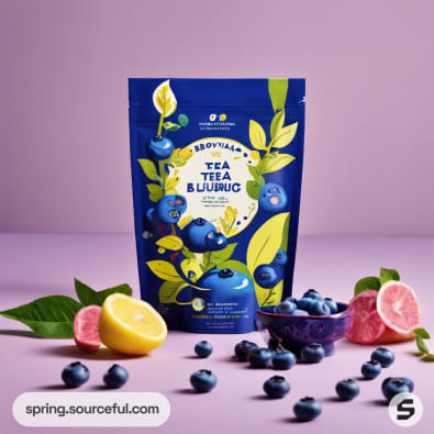 Blue pouch with blueberry and orange illustrations on a purple background.