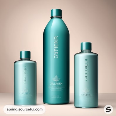 Collagen bottles in teal colors with silver tops, standing on a neutral background.