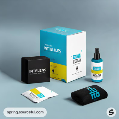 Skincare set with blue box, black bottle, and black box.