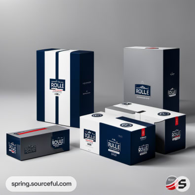 Set of six boxes with navy, white, and gray stripes, featuring bike graphics.