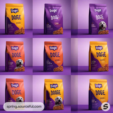 Nine dog food packages in varying purple and orange designs with a dog image on a purple backdrop.