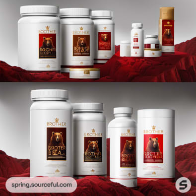 White and red bottles with bear images in a product lineup.