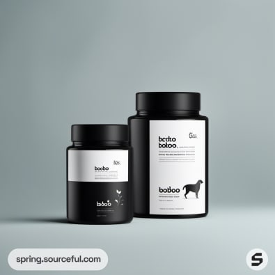 Black jars with white labels and dog silhouette on green background.