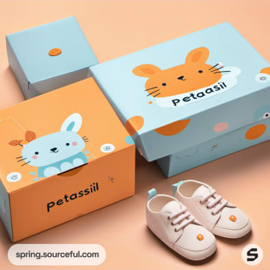 Animal-themed shoe boxes in orange and blue with cartoon rabbits and cats, paired with kids' shoes.