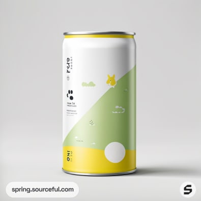 White and yellow beverage can with minimalist green and grey graphics of clouds and a tree.