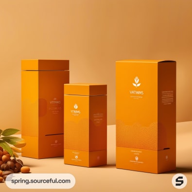 Three orange cosmetic boxes with floral designs and text, set against a beige background with scattered nuts.