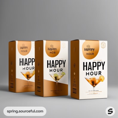 Package design of 'HAPPY HOUR' cocktail mix, in white and gold cartons with martini glass imagery.