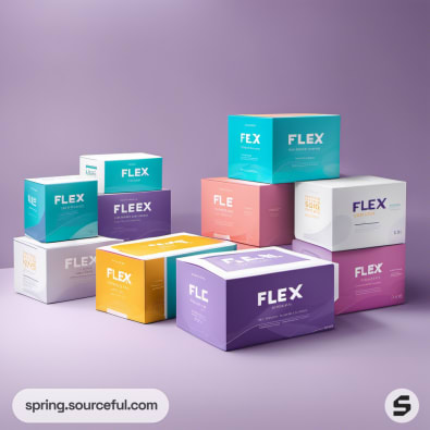 Colorful FLEX boxes with assorted designs on a purple backdrop.