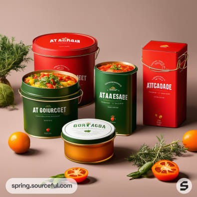 Stacked tins and boxes with vegetable artwork on vibrant red and green backgrounds.