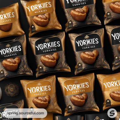 Multiple gold and black snack bags with images of pastries, labeled 'YORKIES'.