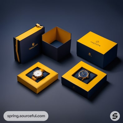 Set of luxury watch boxes in blue and yellow, some open revealing watches.